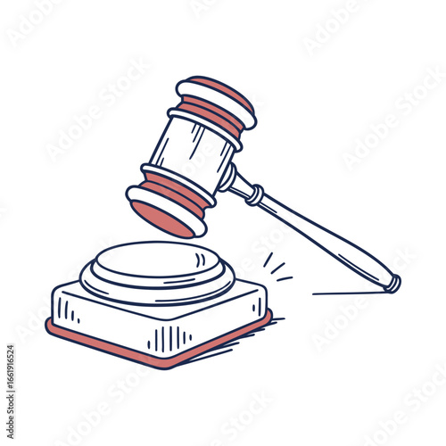 Gavel striking a sound block with red and blue outline illustration justice