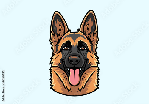Close-up illustration of a happy German Shepherd dog's head with its tongue out, looking directly forward.