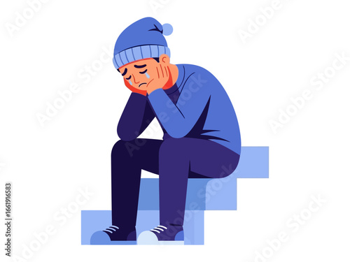 Solitary Melancholy: An isolated individual sits despondently, with a forlorn expression, in a moment of introspective sadness. The image depicts a raw emotion.