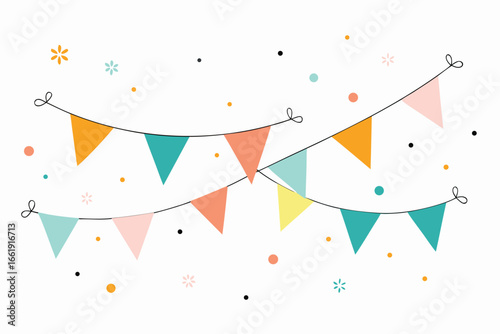 Playful Illustration Two Strings of Colorful Triangle Flags with Dots and Flowers on White