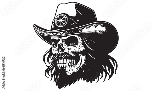Black and White Sugar Skulls Trio & Cowboy – Dia de los Muertos Vector