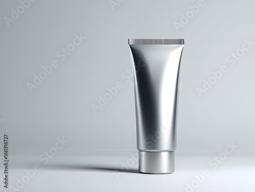 A sleek, silver, metallic tube of cosmetic product stands upright against a neutral grey backdrop, casting a subtle shadow.  Its cylindrical shape features a slightly wider base