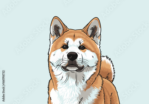 A detailed portrait illustration of a beautiful Japanese Akita Inu dog looking forward.