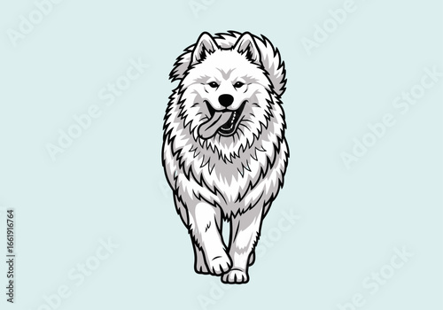 Cartoon illustration of a fluffy white Samoyed dog running forward.