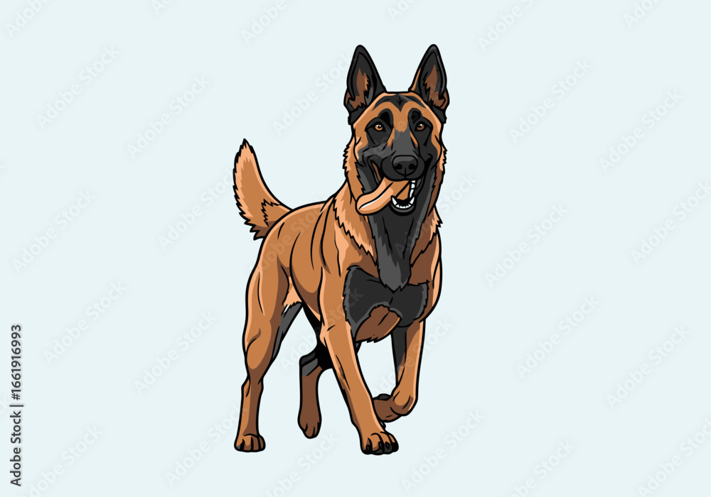 Obraz premium A cartoon illustration of a Belgian Malinois dog with a stick in its mouth, standing on a light blue background.