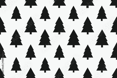 Repeating Pattern of Stylized Black Christmas Trees on White Background, Festive and Minimalist Design