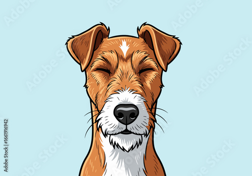Illustrated portrait of a calm brown and white terrier dog with its eyes closed.