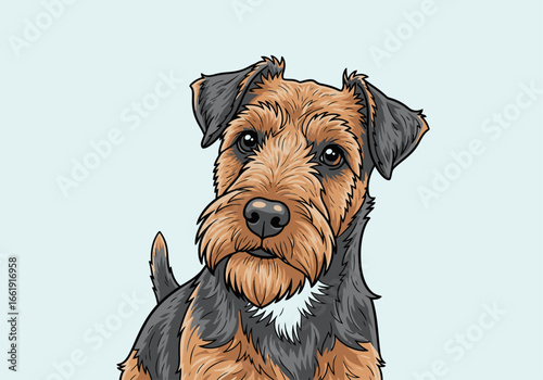 A detailed illustration of an Airedale Terrier dog with a black and tan coat, looking directly at the viewer against a light blue background.