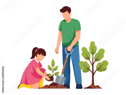 Nurturing Tomorrow: A father and daughter engage in a heartwarming scene, planting a young tree together to symbolize the power of growth, sustainability, and the strong bond between generations.