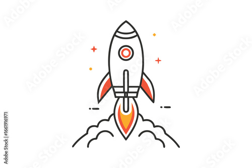 Rocket Launching with Fire, Smoke, and Stars Icon Illustration on White