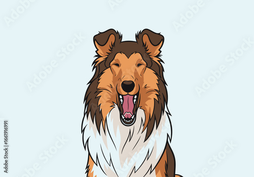 A charming illustration of a happy Rough Collie dog with its mouth wide open, appearing to laugh or yawn.