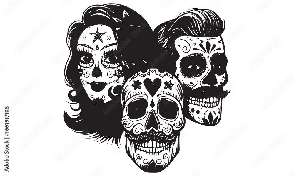 Fototapeta premium Black and White Sugar Skulls Trio & Cowboy – Dia de los Muertos Vector