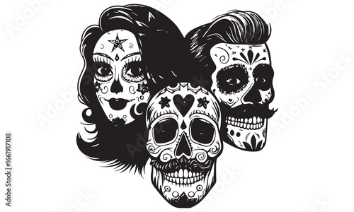 Black and White Sugar Skulls Trio & Cowboy – Dia de los Muertos Vector
