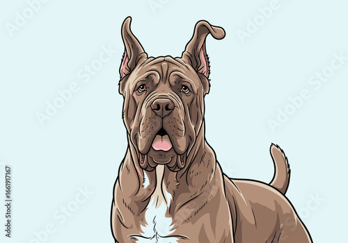 A detailed illustration of a brown Cane Corso dog with attentive eyes and open mouth.