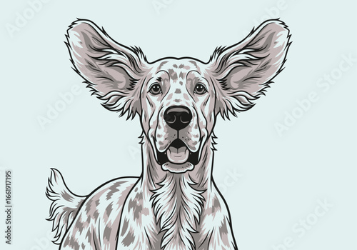 A vector illustration of a happy, spotted dog with large, expressive ears spread wide.
