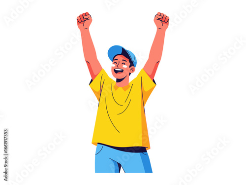 Unleashing Joy and Victory: A young person jubilantly raises his arms in a photorealistic display of triumph and pure joy, celebrating achievement and success