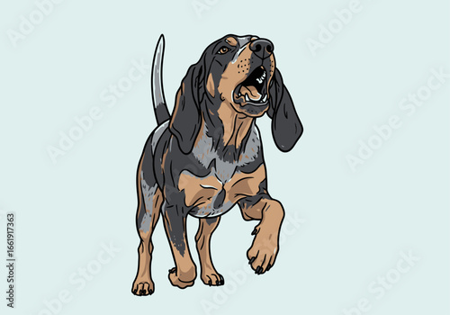 Illustration of a Bluetick Coonhound dog with its mouth open, howling.