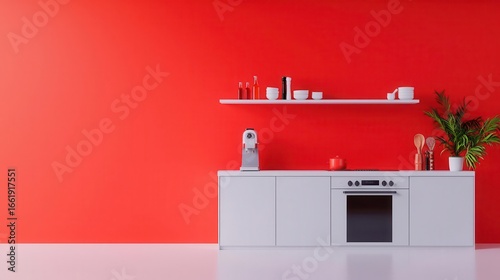 Compact kitchen with pocket doors and clean surfaces, midcentury spacesaving concept