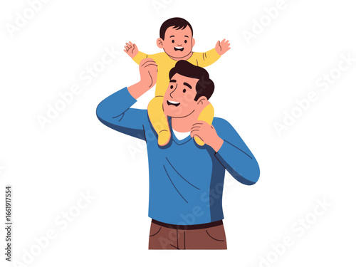 Father's joyful bond: A heartwarming cartoon depiction of a father carrying a happy infant on his shoulders, capturing the sweet essence of family love.
