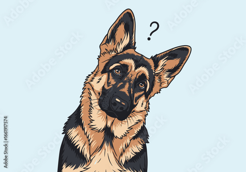 A German Shepherd dog tilts its head with a question mark above, suggesting curiosity or confusion.