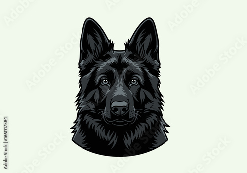 Vector illustration of a majestic black German Shepherd dog's head with piercing eyes.