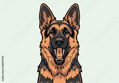 A happy German Shepherd dog with its mouth open and eyes closed, looking joyful.