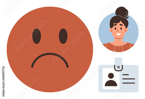 Sad face emoticon next to female avatar and ID badge. Ideal for identity, emotion, workplace, HR, evaluation, personal data, and user profiles. A minimal flat metaphor