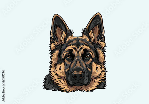 A detailed, colored illustration of a German Shepherd dog's head, looking directly forward with an alert expression.