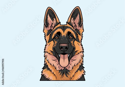 A friendly German Shepherd dog's head is depicted in a detailed cartoon illustration against a light blue background.