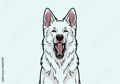 A close-up illustration of a white German Shepherd dog with its mouth open in a happy expression.