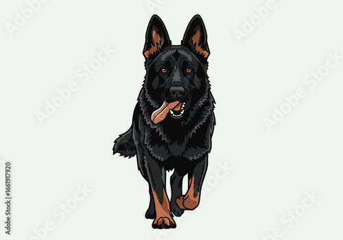 A black German Shepherd dog running towards the viewer.