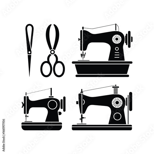 Vintage sewing machine and tools silhouette collection