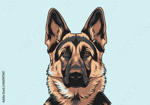 A detailed vector illustration of a German Shepherd dog's head, showcasing its distinctive markings and alert expression.