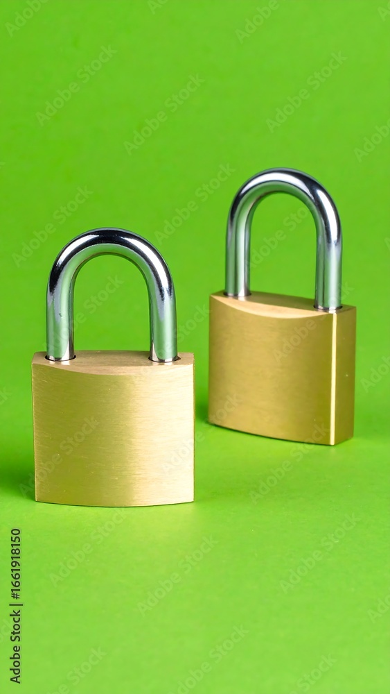 Fototapeta premium Two gold padlocks on a green background (1)