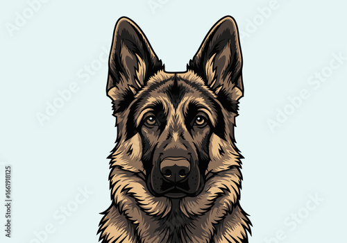 A detailed portrait of a German Shepherd dog's face, showcasing its alert expression and distinctive markings.