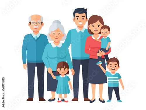 Family Portrait of Love: A cheerful family portrait depicts a multi-generational family, standing closely together in a vivid display of familial bonds and harmony.