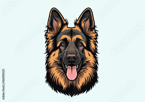 A detailed, colorful vector illustration of a happy German Shepherd dog's head with its tongue out.