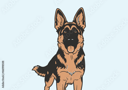 A front-facing illustration of a German Shepherd dog with black and tan fur, standing against a light blue background.