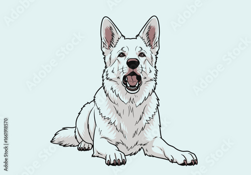A detailed illustration of a white German Shepherd dog lying down with its mouth open.
