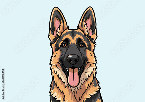 Close-up cartoon illustration of a happy German Shepherd dog with black and tan fur and alert ears.