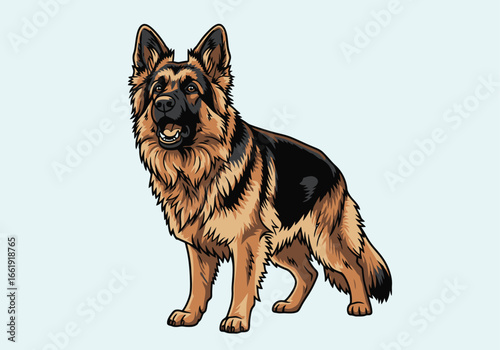 A detailed illustration of a majestic German Shepherd dog standing alertly with its mouth slightly open, showcasing its distinctive black and tan fur.