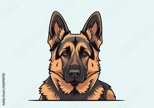 Detailed illustration of a German Shepherd dog's head, showcasing its features and colors.