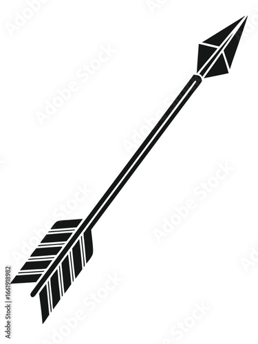 Black silhouette of an ancient arrow with fletching on white background weapon projectile
