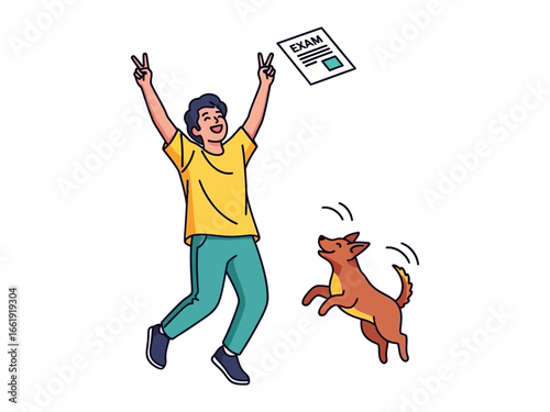 Triumphant Student with Dog Celebrating Exam Result: A joyous student celebrates exam success, paper high in the air and leaps with his canine companion, exuding happiness.
