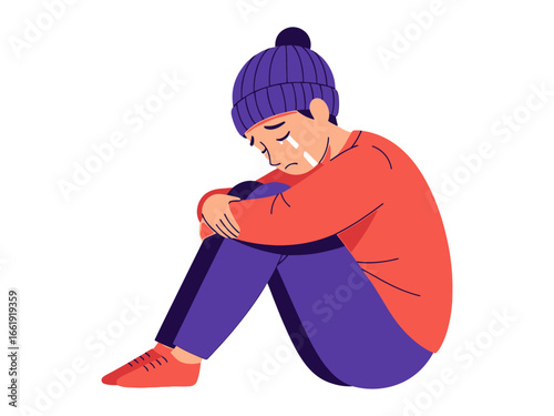 Solitude and Sadness: A visual portrayal of emotional pain unfolds as an individual curls up, embracing their knees while tears stream down their face, illustrating a raw moment of introspection.