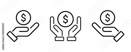 Dollar sign. Money in hand icons set. Save money sign. Hand holding a dollar sign. Cash, loan, coin, dollar, saving, budget, earning money, revenue symbol.