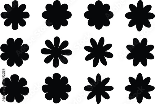 Twelve Black Flower Silhouettes Arranged in a Grid Pattern on White Background
