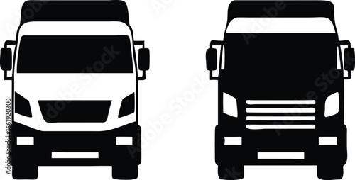 Two Black and White Delivery Truck Front View Icons Illustration Graphics