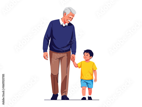Generations Hand in Hand: A heartwarming illustration of a grandfather and grandson strolling together, symbolizing the beautiful bond between generations and the timeless passage of life.
