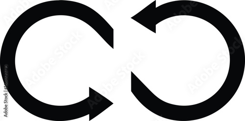 Two Interlocking Black Curved Arrows Rotating in Opposite Directions on White Background